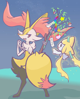 ambiguous_anthro ambiguous_gender anthro bamboo biped cute_fangs digitigrade dipstick_tail duo eyelashes fangs floating hands_together inferior_version_at_source leaf looking_at_another looking_back looking_back_at_another markings object_in_tail open_mouth open_smile outside poke_puff pokeball rear_view scribbles simple_background sky smile sparkles standing star star_polygon starry_sky stick stick_in_tail tail tail_markings teeth gd-058 nintendo pokemon braixen canid generation_3_pokemon generation_6_pokemon jirachi legendary_pokemon mammal pokemon_(species) 2016 aliasing binary_drawing digital_drawing_(artwork) digital_media_(artwork) full-length_portrait japanese_description portrait translated_description female_(lore)