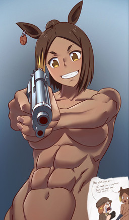 abs animal_ears blue_background breasts brown_hair dark_body dark_skin ear_piercing ear_ring eyelashes female front_view gun hair handgun holding_gun holding_handgun holding_object holding_pistol holding_ranged_weapon holding_weapon muscular muscular_female muscular_humanoid navel nude piercing pistol pointing_gun_at_viewer ranged_weapon ring_piercing short_hair simple_background smile solo weapon wide_hips yellow_eyes coolchou_zhao cygames uma_musume_pretty_derby michelle_my_baby_(pretty_derby) animal_humanoid equid equid_humanoid equine equine_humanoid horse_humanoid humanoid mammal mammal_humanoid 2026 digital_media_(artwork) hi_res