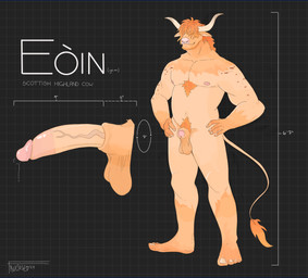 animal_genitalia anthro balls big_penis chart chest_tuft circumcised circumcision_scar facial_piercing feet freckled_shoulders freckles genital_scar genitals girthy hair hair_over_eyes height_chart horn humanoid_genitalia humanoid_penis hybrid_genitalia hybrid_penis male measurements muscular muscular_anthro muscular_male nipples nose_piercing orange_body penis piercing pubes saggy_balls scar septum_piercing sheath sheathed_humanoid_penis solo standing tail text tuft vein veiny_penis fructosed eoin_(fructosed) bovid bovine cattle highland_cattle mammal absurd_res english_text hi_res letterbox