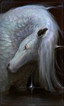 abstract_background ambiguous_gender border eyelashes feral glistening glistening_body glistening_scales grey_eyes grey_inner_ear grey_nose iridescent_scales looking_down mane partially_submerged photorealism pose quadruped realistic scales solo standing text water white_body white_mane white_scales alsares equid equine horse hybrid mammal marine artist_name hi_res portrait
