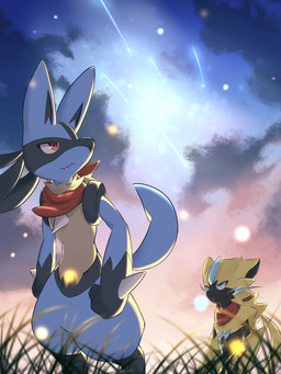 ambiguous_gender anthro biped black_body black_fur blue_body blue_eyes blue_fur chest_spike cloud cute_fangs duo fangs fur grass kerchief kerchief_only light mostly_nude neckerchief neckerchief_only neckwear open_mouth outside plant red_eyes red_kerchief red_neckerchief shooting_star sky skyscape spikes spikes_(anatomy) standing star starry_sky tail teeth whiskers yellow_body yellow_fur herschel nintendo pokemon ambient_arthropod ambient_firefly ambient_insect canid felid generation_4_pokemon generation_7_pokemon legendary_pokemon lucario mammal pokemon_(species) zeraora 3:4 digital_media_(artwork) hi_res