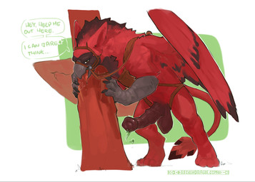 animal_genitalia animal_penis beak bodily_fluids bridle claws dialogue dripping equine_genitalia equine_penis feral genital_fluids genitals male male_feral penis precum precum_drip red_body simple_background solo tack tail text tongue tongue_out wings redishdragie mythology avian gryphon mythological_avian mythological_creature english_text hi_res