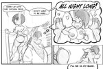 anthro areola asinus big_breasts big_butt bottomwear brandi_(teer) breast_grab breast_squeeze breasts butt clothed clothing denim denim_clothing donkey duo english_text equid equine female flannel hand_on_breast hand_on_own_breast horse imagination joelasko ladder male mammal monochrome nipples open_clothing open_shirt open_topwear shirt shorts squeezing text topwear