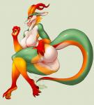 anthro big_breasts big_butt breasts butt female forked_tongue genitals lying nipples non-mammal_breasts non-mammal_nipples nude on_side presenting presenting_pussy pussy simple_background solo spread_butt spreading tail tongue tongue_out hyucaze mythology miranda_(heatboom) dragon mythological_creature mythological_scalie scalie hi_res