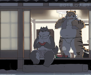 anthro asian_clothing belly big_belly black_nose bottomwear bulge clothing detailed_background duo east_asian_clothing eating food fruit fundoshi humanoid_hands japanese_clothing kemono male melon moobs night outside overweight overweight_male plant shirt shorts sitting solo topwear towel towel_around_neck underwear watermelon watermelon_slice white_clothing white_fundoshi white_underwear kisukemk777 canid canine canis domestic_dog felid mammal pantherine tiger 2016