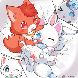 accessory anal anal_penetration anthro balls bangs bed blue_eyes blue_markings blush bodily_fluids chest_tuft chibi cotton_tail dipstick_ears dipstick_tail ear_markings facial_markings fangs female femboy fluffy fluffy_tail foursome fur furgonomics furniture genital_fluids genitals grey_markings group group_sex hair_accessory hairclip head_markings heart_symbol inner_ear_fluff jewelry leg_grab licking long_ears long_tail male male/female markings multicolored_ears muzzle_(marking) necklace one_eye_closed open_mouth oral pawpads penetration penile penis penis_drip penis_grab penis_lick pointy_ears prick_ears red_body red_fur sex shortstack snowflake spots spread_legs spreading tail tail_accessory tail_markings tailband teeth tongue tongue_out tuft vaginal vaginal_fluids vaginal_penetration white_body white_fur white_markings wink zyuuniie jewelpet sanrio sega_fave ageam_(sylvtasticalsylveon) carney_(carnelianfox) fan_character larimar_(jewelpet) arctic_fox canid canine domestic_cat felid feline felis fox hare japanese_hare lagomorph leporid mammal rabbit red_fox true_fox hi_res