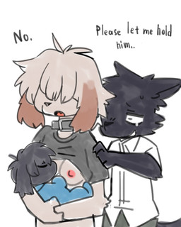 anthro biped black_body black_fur breastfeeding carrying_baby clothed clothed_anthro clothed_female clothed_male clothing collar dialogue female floppy_ears front_view fully_clothed fully_clothed_anthro fully_clothed_female fully_clothed_male fur group husband_and_wife lop_ears male married_couple neonate obscured_eyes shirt_up simple_background slim slim_anthro slim_female slim_male tan_body tan_fur text trio white_background young pizademokttero mika_(crazysnuft) nifram_logan canid canine canis domestic_dog mammal wolf 2024 4:5 absurd_res digital_drawing_(artwork) digital_media_(artwork) english_text hi_res