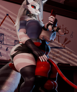 anthro balls big_balls big_breasts big_penis black_clothing black_collar black_gloves black_handwear black_latex black_legwear black_thigh_highs bottomless bottomless_humanoid bottomless_male bottomwear breasts cellphone clothed clothed_anthro clothed_female clothing collar duo ear_piercing ear_ring electronics female fingerless_gloves fluffy fluffy_tail fur genitals gloves grey_body grey_clothing grey_eyes grey_fur grey_hair grey_topwear hair handwear huge_breasts huge_penis larger_anthro larger_female latex latex_clothing latex_legwear latex_thigh_highs legwear male male/female multicolored_body multicolored_fur penis phone piercing red_body red_sclera red_skin ring_piercing sex shorts size_difference smaller_humanoid smaller_male smartphone spiked_collar spikes tail thick_thighs thigh_highs thigh_sex topwear two_tone_body two_tone_fur white_body white_fur white_hair whiteboard furry_ghosty dogzeela_(modeler) valorlynz_(modeler) hellaverse helluva_boss mythology loona_(helluva_boss) moxxie_(helluva_boss) canid canid_demon canine demon hellhound humanoid imp mammal mythological_canine mythological_creature 2025 3d_(artwork) absurd_res digital_media_(artwork) hi_res