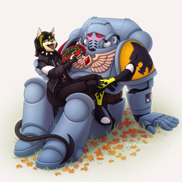 adeptus_astartes anthro astartes belt black_body blush blush_lines boots clothing collar duo ear_piercing eyes_closed female flower footwear gem gold_(metal) gold_jewelry grass jacket jewelry long_tail male male/female metallic_body open_mouth piercing plant primaris primaris_space_marine red_eyes shoes simple_background space_marine tail topwear wreath zegzagun warhammer_(franchise) warhammer_40000 space_wolves domestic_cat felid feline felis mammal 1:1 hi_res