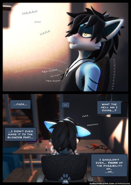 after_masturbation after_orgasm anthro anthro_on_anthro armpit_hair armpit_tuft balls big_balls big_penis big_tail black_hair blue_body blue_fur blush blushing_profusely bodily_fluids body_hair bottomless bottomless_male chair clothed clothing cum cum_on_furniture digitigrade duo ejaculation erection fluffy fluffy_tail fur furniture genital_fluids genitals hair humanoid_genitalia humanoid_penis jewelry long_pubes long_tail looking_pleasured male male_anthro markings necklace office_chair orange_eyes partially_clothed/nude penile penis post_nut_clarity pubes relaxed_expression relaxing shark_tooth_necklace shirt solo stress_relief striped_markings striped_tail stripes tail tail_markings tank_top text thick_pubes topwear willitfit striped_sins felix_(striped_sins) mammal procyonid 3d_(artwork) comic digital_media_(artwork) english_text hi_res url