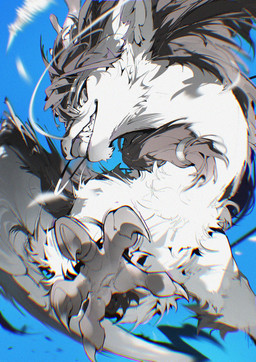 5_fingers ambiguous_gender back_mane blue_background brown_hair brown_mane claws closed_smile feral fingers foreshortening front_view fur grey_claws grey_eyes grey_pupils gums hair head_horn horn looking_at_viewer mane mouth_closed pupils ringed_iris simple_background smile solo tail_mane teeth tied_hair toe_claws toothy_grin white_body white_fur white_sclera chiayeeee mythology dragon eastern_dragon furred_dragon furred_scalie mythological_creature mythological_scalie scalie 2026 chromatic_aberration full-length_portrait hi_res portrait signature