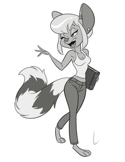 3_toes 4_fingers anthro barefoot biped book bottomwear breasts cleavage clothed clothed_anthro clothed_female clothing denim denim_bottomwear denim_clothing ear_piercing ear_ring eyebrows eyelashes feet female fingers flirting fluffy fluffy_tail fully_clothed fully_clothed_anthro fully_clothed_female helix_piercing jeans markings one_eye_closed pants piercing plantigrade ring_(marking) ring_piercing ringed_tail shirt simple_background solo striped_markings striped_tail stripes tail tail_markings tank_top toes toony topwear white_background wink birchly becky_ringtail bassariscus mammal procyonid ring-tailed_cat 2025 greyscale hi_res monochrome