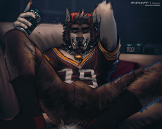 anthro armpit_hair backwards_baseball_cap backwards_hat baseball_cap body_hair bulge clothed clothing drunk ear_piercing facial_hair facial_piercing footwear goatee hat headgear headwear jersey jewelry looking_at_viewer lying male necklace nose_piercing on_back piercing raised_arm shirt socks solo spread_legs spreading substance_intoxication topwear acidwuff canid canine canis mammal wolf 2023 absurd_res dated hi_res