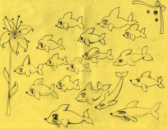 ambiguous_gender bow_ribbon dorsal_fin feral fin flower flukes group kemono leaf plant round_nose simple_background smile snout tail whiskers yellow_background yogurt200 cetacean dolphin mammal marine toothed_whale graphite_(artwork) traditional_media_(artwork)