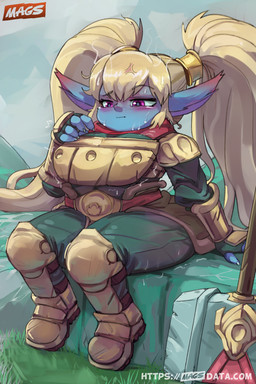 armor blonde_hair blue_body blush bodily_fluids clothed clothing female full_armor fully_clothed hair humanoid_pointy_ears long_hair pigtails pink_eyes pointy_ears solo sweat text thick_thighs tight_armor wide_hips magsama league_of_legends riot_games tencent poppy_(lol) humanoid mammal yordle hi_res url