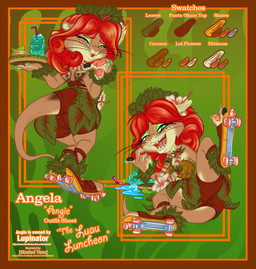 accessory anthro blowing_kiss bottomwear clothing coconut_bra color_swatch colored_nails eyeshadow female flower flower_in_hair food footwear freckles furgonomic_bottomwear furgonomics gesture hair hair_accessory hand_gesture hawaiian holding_food holding_object hula hula_dancer leaves_in_hair leaves_on_body lei makeup nails palm_leaves plant quad_skates red_hair roller_skates seashell shell simple_background spilled_liquid spilling_drink text text_box wastedtimeee mammal mustelid otter river_otter absurd_res english_text hi_res model_sheet url