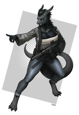 3_toes anthro black_body black_hair black_scales black_sclera bottomwear breasts claws cleavage clothed clothing digitigrade feet female geometric_background gesture glistening glistening_body glistening_eyes glistening_hair gradient_background gun hair hand_gesture holding_object holding_weapon looking_aside open_mouth pants pointing ranged_weapon scales simple_background solo standing tail text toe_claws toes topwear weapon white_eyes pgm300 mythology dragon lizard mythological_creature mythological_scalie reptile scalie 2022 absurd_res artist_name digital_media_(artwork) hi_res shaded signature