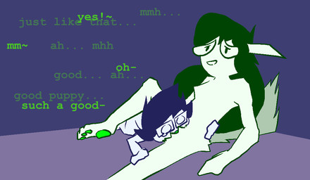 blue_hair eyewear female fur glasses good_dog green_body green_fur green_hair green_pawpads green_tail green_text hair human_on_humanoid interspecies looking_pleasured male male/female moan open_mouth open_smile pawpads smile tail text alyfia homestuck ms_paint_adventures jade_harley john_egbert animal_humanoid canid canid_humanoid canine canine_humanoid dog_humanoid human humanoid mammal mammal_humanoid