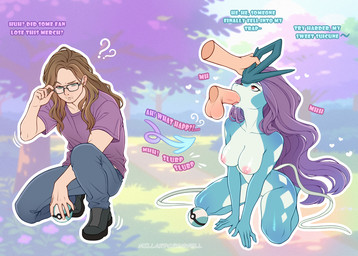 anthro anthrofied beard before_and_after bottomwear breast_growth breasts brown_hair clothing dialogue disembodied_hand disembodied_penis duo eyewear facial_hair fellatio female footwear gender_transformation genitals glasses growth hair holding_object holding_pokeball human_on_anthro human_to_anthro interspecies kneeling looking_up male male/female mtf_transformation oral pants penile penis pokeball pokemorph question_mark screencap screencap_background sex shirt shoes species_transformation text topwear transformation millardcromwell nintendo pokemon generation_2_pokemon human legendary_pokemon mammal pokemon_(species) suicune 2026 digital_media_(artwork) english_text hi_res