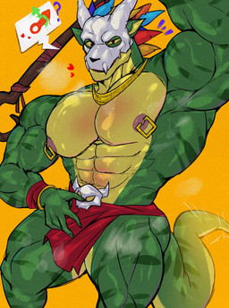 abs anthro biceps bone bone_mask bottomwear clothing loincloth male mask muscular muscular_anthro muscular_male nipple_piercing nipples pecs piercing skull skull_mask solo staff striped_body stripes tail firstfoxred terraria witch_doctor_(terraria) lihzahrd lizard lizardman reptile scalie hi_res