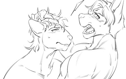 anthro duo hair male male_anthro muscular muscular_anthro muscular_male nipples open_mouth pecs pupils short_hair side_view simple_background slit_pupils white_background cobu john_(cobe_xiu-xiu) logan_(cobe_xiu-xiu) canid canine canis domestic_cat domestic_dog felid feline felis herding_dog malinois_dog mammal oriental_shorthair pastoral_dog sheepdog monochrome sketch