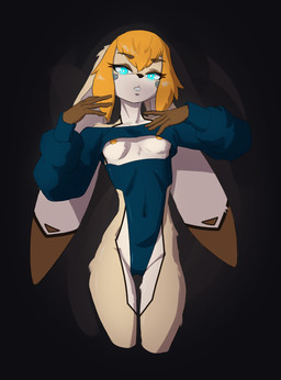 anthro blonde_hair blue_eyes breasts brown_body brown_fur female fur hair solo standing white_body white_fur hush_button derby_(mrbuttonboi) lagomorph leporid mammal rabbit hi_res