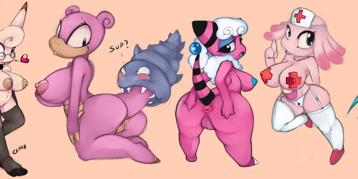 anthro anthrofied anus areola big_areola big_breasts big_butt big_eyes blue_nipples breasts butt clothed clothing eyelashes eyewear female fingerless_gloves footwear garter_straps genitals glasses gloves group hair handwear heart_symbol kneeling legwear lips looking_at_viewer looking_back membrane_(anatomy) membranous_wings nipple_tape nipples nude panties pasties pink_body pokemorph purple_body shoes side_boob spread_butt spreading standing stockings tail tape tongue tongue_out topless underwear vulva white_hair wings yellow_nipples angelbreed nintendo pokemon aquatic arthropod bat bovid caprine chansey clefable crobat crustacean flaaffy generation_1_pokemon generation_2_pokemon mammal marsupial pokemon_(species) shellder shellder_(slowbro) slowbro hi_res