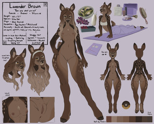 5_fingers anthro areola athletic athletic_anthro athletic_female berry big_butt bottomwear bra braided_hair breasts brown_body brown_eyes brown_fur brown_hair brown_nose brush butt close-up clothed clothing color_swatch countershade_torso countershading digitigrade eyebrows female fingers fluffy fluffy_tail food front_view fruit fur genitals grape hair hair_bun hairbrush hooves inner_ear_fluff long_ears long_hair looking_at_viewer makeup markings milk multicolored_body multicolored_fur navel nipples notebook nude pants pink_areola pink_nipples pink_vulva plant salad short_tail small_breasts smile smiling_at_viewer solo sports_bra sportswear spots spotted_body spotted_fur spread_legs spreading tail text thick_thighs tuft underwear vulva yoga yoga_mat yoga_pants cataclombs lavender_deer cervine deer mammal sika_deer 2026 english_text flat_colors hi_res model_sheet portrait