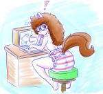 anthro baby_bottle blush clean_diaper clothed clothing computer diaper electronics exclamation_point eyewear female geek glasses looking_at_viewer nerd pi solo wearing_diaper white_diaper rfswitched hasbro my_little_pony fan_character equid equine horse mammal pony