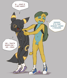 5_fingers anthro anthrofied backpack balls baseball_cap biped black_body black_ears black_eyebrows black_eyes black_fur black_hair black_nose black_tail blonde_eyebrows blonde_hair blue_balls blue_body blue_clothing blue_countershading blue_footwear blue_penis blue_shoes blue_sneakers blue_spikes blue_text blush blush_lines brown_text casual_exposure casual_nudity clothing color_coded_text countershade_balls countershade_face countershade_genitalia countershade_neck countershade_penis countershade_torso countershading covering covering_crotch covering_penis covering_self cute_fangs dialogue duo ear_markings embarrassed eye_markings eye_through_hair eyebrows eyes_closed facial_markings fangs fingers flaccid footwear footwear_only forehead_markings foreskin front_view fur genitals glowing glowing_markings golden_markings green_backpack green_baseball_cap green_clothing green_hat green_headwear grey_background hair hair_over_eye hands_on_shoulders hat head_markings headgear headwear hip_markings humanoid_genitalia humanoid_hands humanoid_penis leg_markings looking_at_another male male_anthro markings markings_through_hair monotone_background monotone_clothing monotone_footwear monotone_hair monotone_hat monotone_headwear monotone_socks mostly_nude mostly_nude_anthro mostly_nude_male multicolored_body multicolored_clothing multicolored_footwear multicolored_shoes navel nipples nudist one_eye_obstructed open_mouth open_smile penis pink_tongue plantigrade pokemorph purple_clothing purple_footwear purple_shoes raised_heel red_blush red_nipples red_sclera ring_(marking) shadow shoes shoes_only short_hair shota shy simple_background slim slim_anthro slim_male smile sneakers socks speech_bubble spikes spikes_(anatomy) standing tail tail_markings talking_to_another teeth text tongue translucent translucent_hair two_tone_body two_tone_clothing two_tone_footwear two_tone_shoes two_tone_sneakers unretracted_foreskin white_clothing white_footwear white_shoes white_sneakers white_socks white_speech_bubble yellow_body yellow_markings yellow_tail young young_anthro young_male aogami nintendo pokemon caprino_bencivenni dunsparce eeveelution generation_2_pokemon pokemon_(species) umbreon 2022 colored dated digital_drawing_(artwork) digital_media_(artwork) english_text flat_colors hi_res signature