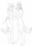 anthro breasts duo female femme_fatale grin knife male male/female nude smile reiner55 sirus the_sake_ninja canid canine canis fox mammal wolf 2014 black_and_white hi_res line_art monochrome