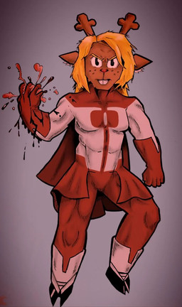 5_fingers anthro antlers blonde_hair blood bodily_fluids breasts cape clothing female fingers fist flying frown hair hooves horn inner_ear_fluff levitating levitation muscular muscular_anthro muscular_female small_breasts solo superhero superhero_costume tuft unguligrade gucciflipflop2407 deltarune image_comics invincible_(image_comics) undertale_(series) noelle_holiday omni-man deer mammal traditional_media_(artwork)
