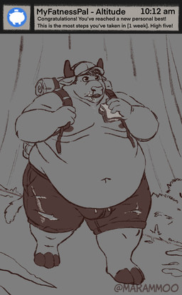 3_toes anthro backpack baseball_cap bottomwear bulge clothing commentary crumbs_on_face eating eating_food feet folds hat headgear headwear hiking hooved_toes hooves horn male navel nipples no_shirt obese overweight shorts solo text toes torn_clothing waddling walking weight_gain mara_mmoo fattytober mara_(mara_mmoo) bovid bovine cattle mammal english_text hi_res sequence