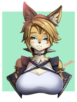 anthro big_breasts blonde_hair breasts brown_highlights choker clothing crop_top eyebrows eyelashes fangs female fur green_eyes hair highlights_(coloring) inner_ear_fluff jacket jewelry neck_tuft necklace shirt solo tan_body tan_fur teeth topwear tuft yellow_body yellow_fur zero130rider mihoyo zenless_zone_zero pulchra_fellini felid feline felis mammal thiren 2025 3:4 hi_res portrait