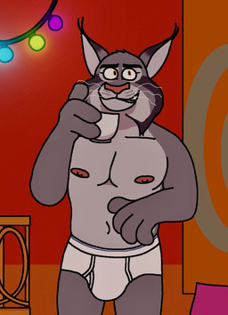 anthro briefs briefs_only brown_eyes christmas_decorations christmas_lights clothed clothing container cup fur grey_body grey_fur holding_container holding_cup holding_object inside male monotone_briefs monotone_clothing monotone_underwear navel nipples open_mouth open_smile smile solo tighty_whities topless topless_anthro topless_male underwear underwear_only waistband_stripe whiskers white_briefs white_clothing white_underwear eddicus disney zootopia pawbert_lynxley canada_lynx felid feline lynx mammal hi_res