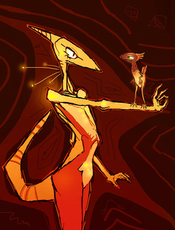 4_fingers abstract_background anthro bioluminescence duo feral fingers glowing glowing_eyes horn long_tail looking_at_another orange_body orange_scales scales simple_background size_difference skinny tail bittertooth alien avian bird 2015 monochrome