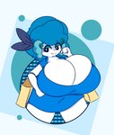 anthro big_breasts black_eyes blue_flower_florges blue_hair breasts cleavage clothed clothing dewbber female florges generation_6_pokemon hair hi_res huge_breasts huge_thighs hyper hyper_breasts looking_aside nintendo pixie_blume pokemon pokemon_(species) smile solo thick_thighs white_body