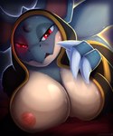 anthro areola bed big_breasts breasts claws clothing female finger_claws furniture glowing glowing_eyes horn huge_breasts looking_at_viewer nipples robe solo visionaryserpent nintendo pokemon generation_1_pokemon nidoqueen pokemon_(species) 2024 5:6 absurd_res hi_res