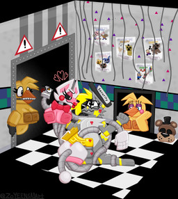 2_heads age_difference anthro balls beak belly big_belly big_breasts big_nipples big_penis black_eyes black_sclera blush blush_lines bodily_fluids bow_ribbon bow_tie breasts brown_nipples caught_in_the_act checkered checkered_floor clothing decoration detailed_background drawing embarrassed exposed_endoskeleton eyelashes eyeliner eyewear female fur genital_fluids genitals glasses grey_body grey_fur group hand_under_leg hat headgear headwear heart_symbol knot lipstick lipstick_on_balls lipstick_on_body lipstick_on_face lipstick_on_penis looking_at_another looking_pleasured looking_up machine makeup male male/female markings mask metal_tentacles metallic_body multi_head nipples older_female open_mouth penetration penis pink_nipples poster precum restrained restrained_by_tentacles security security_guard seductive sharp_teeth shocked slightly_chubby tail teeth tentacles throbbing throbbing_penis tongue tongue_out twisting vaginal vaginal_penetration vent warning_sign white_body white_fur white_sclera wire wrapped_arms yellow_body yellow_eyes yellow_fur yellow_penis zoyeensadart five_nights_at_freddy's five_nights_at_freddy's_2 scottgames mangle_(broken) mangle_(fnaf) toy_chica_(fnaf) withered_chica_(fnaf) zo_(zoyeensadart) animatronic avian bird canid canine canis chicken fox galliform hybrid hyena mammal phasianid robot wolf hi_res