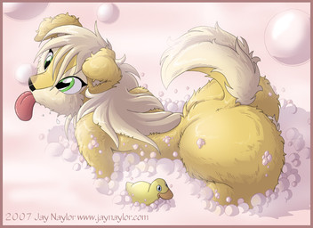 anthro bath black_nose bubble bubble_bath butt female fur green_eyes hair long_hair nude rubber_duck solo tail tongue tongue_out water wet white_hair conditional_dnp jay_naylor jessica_(jay_naylor) canid canine canis domestic_dog mammal 2007 digital_media_(artwork) shaded