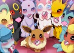 2022 ambiguous_gender bedroom_eyes black_nose blush bodily_fluids canid condom condom_in_mouth dagasi digital_media_(artwork) dipstick_tail eevee eeveelution espeon evolutionary_family fangs female_(lore) feral flareon fur generation_1_pokemon generation_2_pokemon generation_4_pokemon generation_6_pokemon glaceon group heart_eyes heart_symbol hi_res intimidation jolteon leafeon looking_at_viewer mammal markings mouth_hold narrowed_eyes nintendo object_in_mouth pokemon pokemon_(species) saliva seductive sexual_barrier_device sitting smile sweat sylveon tail tail_markings take_your_pick teeth text translated umbreon vaporeon