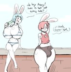 2018 angstrom anthro avery_(angstrom) big_breasts big_bulge bikini bottomwear breast_implants breasts bulge clothed clothing duo english_text female femboy food fully_clothed hair hair_over_eye huge_breasts lagomorph leporid male mammal molly_(angstrom) one_eye_obstructed popsicle rabbit shorts smile summer swimwear text thick_thighs top_heavy two-piece_swimsuit under_boob wide_hips