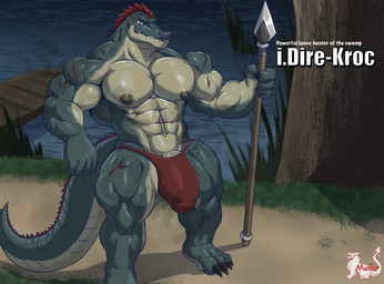 abs anthro bandage biceps bulge detailed_bulge genital_outline male melee_weapon muscular muscular_anthro muscular_male nipples pecs penis_outline polearm scales scar solo spear tail text weapon masterelrest i.dire-kroc crocodile crocodilian reptile scalie english_text hi_res