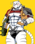 5_fingers abs anthro armor armwear blue_eyes blush bracers bulge claws clothed clothing finger_claws fingerless_gloves fingers fur gloves handwear male nipples partially_clothed pecs shirt simple_background solo striped_body striped_fur stripes t-shirt topwear underwear vest weapon white_body yellow_background bearlovestiger13 grimoire_of_zero the_dawn_of_the_witch mercenary_(grimoire_of_zero) felid mammal pantherine tiger 2023 hi_res