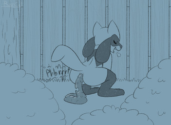 ambiguous_gender ambiguous_pooping anthro anus breath butt crouching enjoying_the_go eyes_closed feces feces_on_ground feces_pile fence fur grass open_mouth outside plant pooping pooping_on_floor raised_tail scatplay shrub solo sound_effects tail teeth text tree wood wood_fence ritzcat nintendo pokemon generation_4_pokemon pokemon_(species) riolu black_and_blue hi_res monochrome