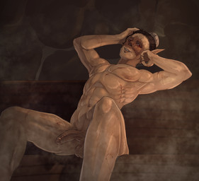 abs balls bite_mark bodily_fluids facial_piercing fangs genitals glans glistening glistening_body hair humanoid_pointy_ears lip_piercing male muscular muscular_male nipples not_furry nude nude_male penis piercing pointy_ears sauna scar serratus solo steam sweat teeth tied_hair zenshi_(xonn) xonn canid canine elf fox humanoid mammal hi_res