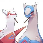 ambiguous_gender blush duo eyes_closed food looking_at_viewer red_eyes simple_background white_background ecru_(artist) nintendo pocky pokemon generation_3_pokemon latias latios legendary_pokemon pokemon_(species) 1:1