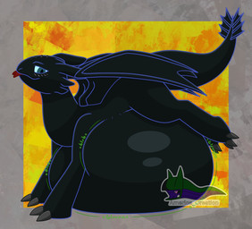 belly big_belly blush claws feral male membrane_(anatomy) membranous_wings onomatopoeia overweight simple_background smile solo sound_effects tail text tongue vore vore_implied wings arceus_tummy dreamworks european_mythology how_to_train_your_dragon mythology dragon fury_(httyd) mythological_creature mythological_scalie night_fury scalie western_dragon english_text hi_res