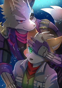 anthro black_nose claws clothing duo eye_patch eyewear finger_claws fingerless_gloves fluffy fluffy_tail fur gloves green_eyes grey_body grey_fur hand_over_eye handwear intimate jacket kemono male male/male multicolored_body multicolored_fur orange_body orange_fur pointy_ears red_eyes rivalry rivals tail topwear touching_face two_tone_body two_tone_fur white_body white_fur wrist_guards kiiko nintendo star_fox fox_mccloud wolf_o'donnell canid canine canis fox mammal wolf absurd_res hi_res