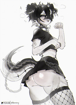 2_horns alternative_fashion anthro black_bottomwear black_clothing black_hair black_skirt black_topwear blep bottomwear butt chain clothed clothing collar crossdressing femboy fishnet_clothing fishnet_legwear floppy_ears fur goth hair horn legwear looking_at_viewer low-angle_view male messy_hair multicolored_body multicolored_fur piercing rear_view shirt short_hair skirt solo spiked_collar spikes stockings t-shirt tongue tongue_out topwear white_body yabeweny jay_(d44fault) canid canine canis domestic_dog mammal 2025 digital_media_(artwork) hi_res